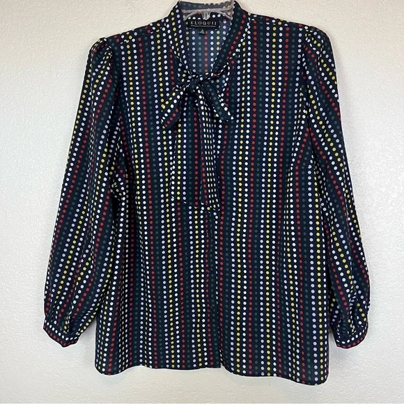 Eloquii Tie Neck Blue Multi Color Polka Dot Retro Career Office Blouse Size 16 - Picture 4 of 12